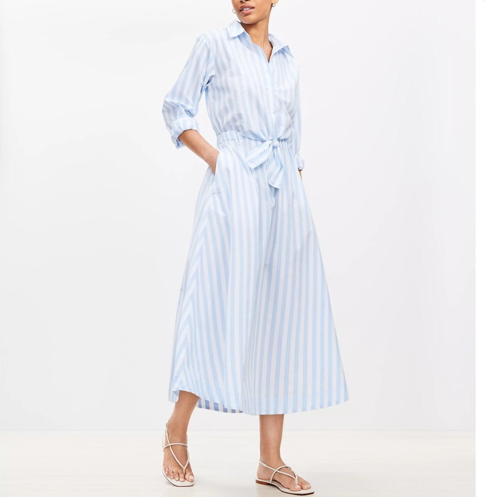 Loft Striped Poplin Tie Front Pocket Shirtdress